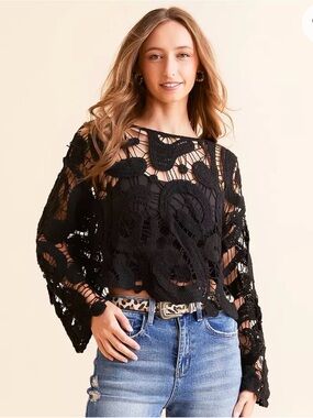 Black Crochet Open-Knit Long-Sleeve Top — Women's
